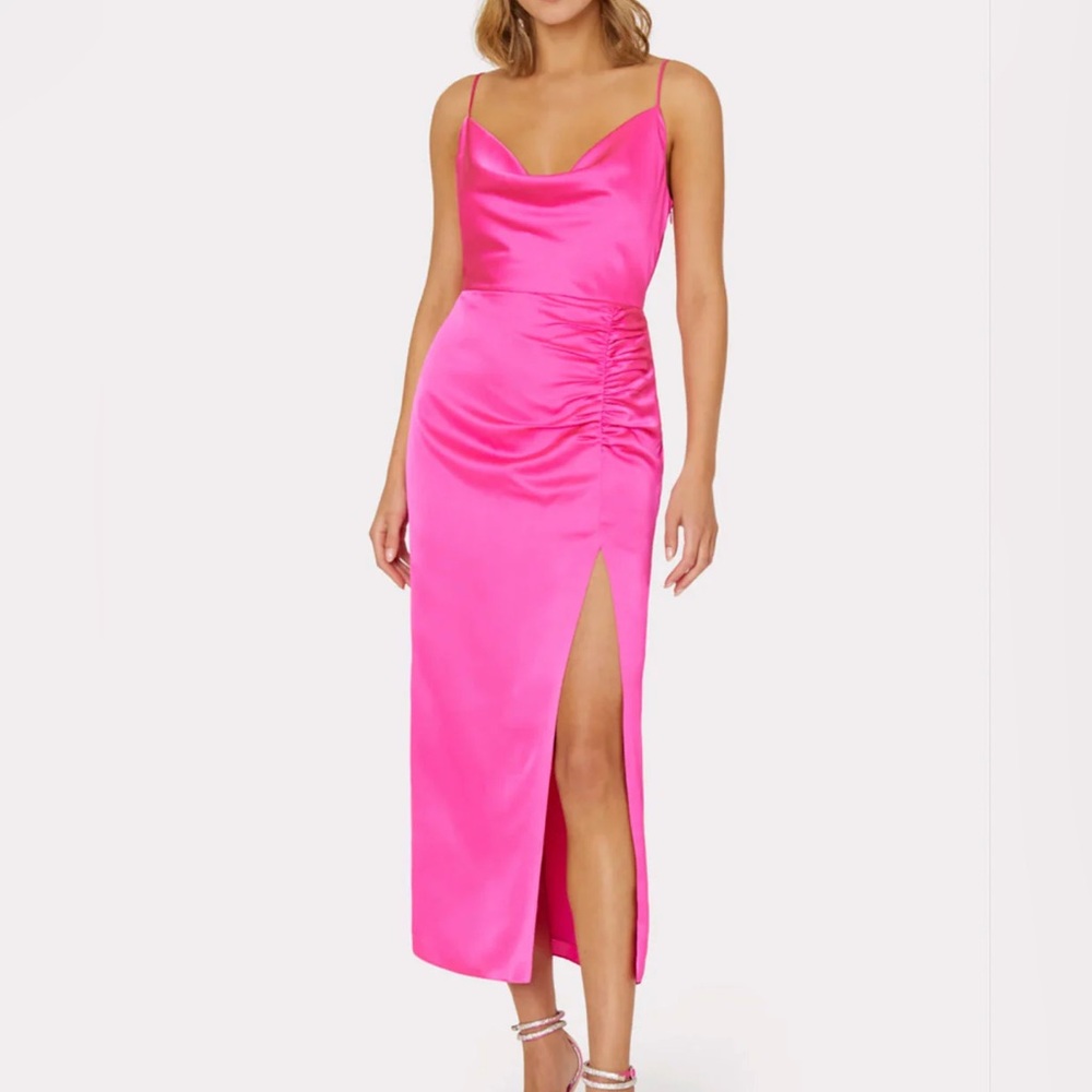 Milly NWT Lilliana Satin Ruched Side Slit Cowlneck Pink Midi Dress